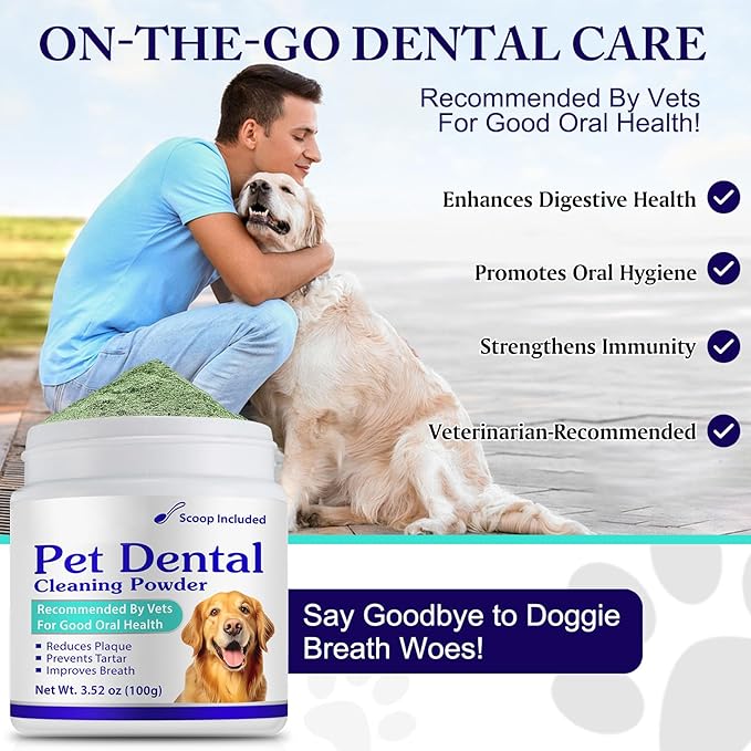 Dog Teeth Cleaning Powder - Dog Dental Powder - Dog Breath Freshener - Targets Tartar & Reduces Plaque & Bad Breath - Teeth Cleaning Made Easy Eliminate - Formulated for Small, Medium, Large Dogs