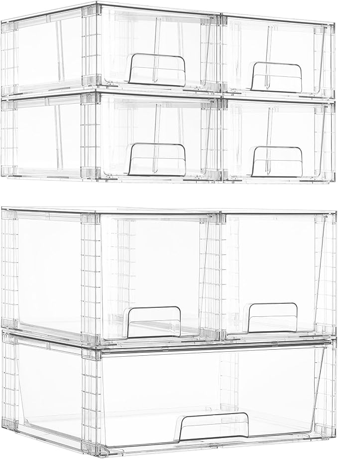 Vtopmart Clear Stackable Storage Drawers, 7 Pack Multi Size Set | Wide, Medium and Small Pull-Out PET Drawers for Flexible Organization, Stackable Storage for Cabinets, Closets, Pantry