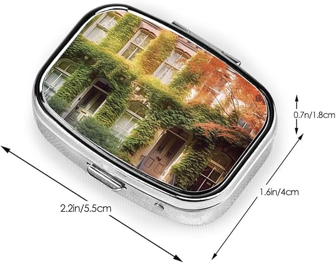 Square Pill Box Leafy Townhouses Pill Case for Purse & Pocket 3 Compartment Pill Organizer Portable Travel Pillbox Medicine Pill Holder Container for Daily Vitamin Cod Liver Oil Storage