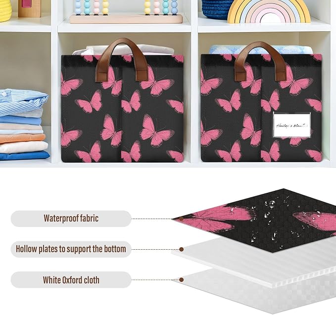 Retro Pink Butterfly Hot Pink and Black Storage Bins for Shelves with Labels&Handles Fabric Organizer Bin Foldable Rectangle Storage Basket Boxes for Closet, Bathroom, Home, Living Room