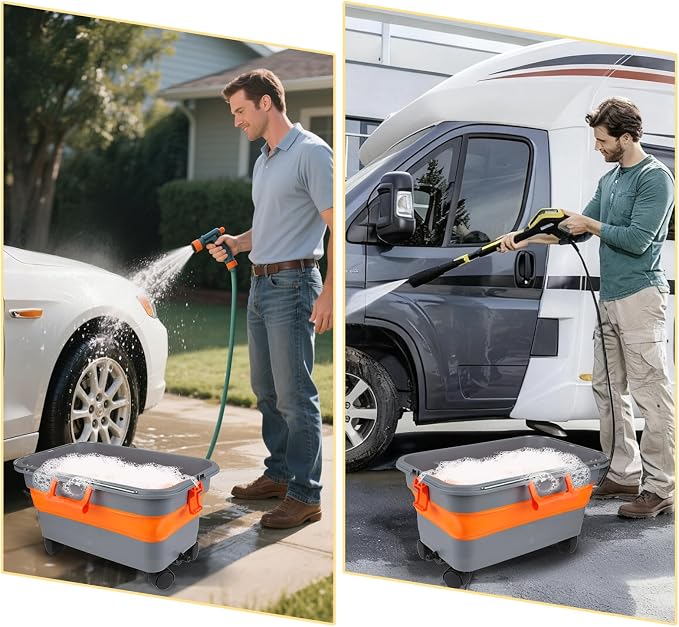 Collapsible Bucket with Wheels and Handle 5.8 Gallon, Drain Plug and Water Outlet, Portable Water Storage Foldable Carts for Mop Cleaning, Camping, RV, Pet Bathing, Fishing, Car Washing