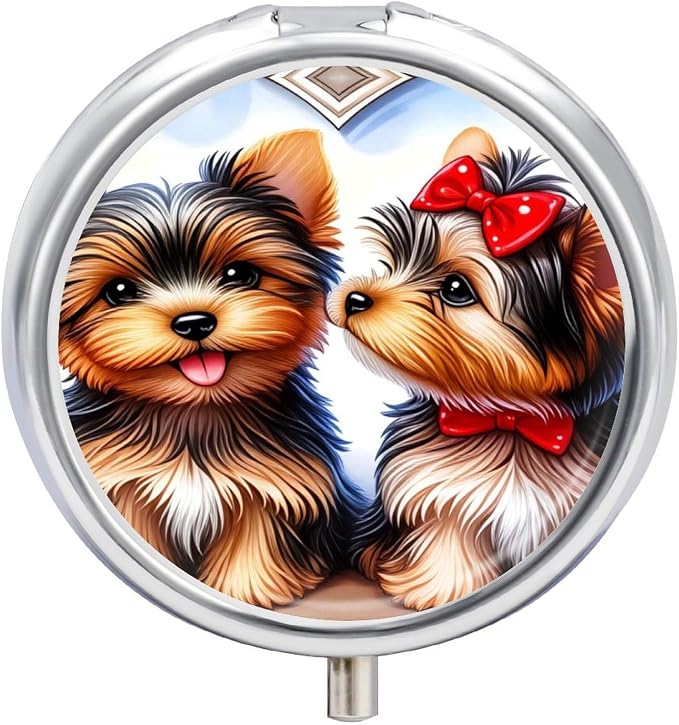 Two Pet Dog Metal Round Pill Box, 3 Compartment Travel Organizer, Portable Pill Container with Secure Latch, 2 Inch Circular Vitamin Caddy for Pills and Vitamins, Gift for Him Her Elderly