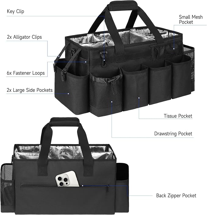 Cleaning Caddy Bag, Extra Large Cleaning Supply Bag for Housekeepers,Black | Sturdy Cleaning Caddy Organizer for Cleaning Supplies with Handle and Adjustable Shouder Strap, Easy to Clean Design