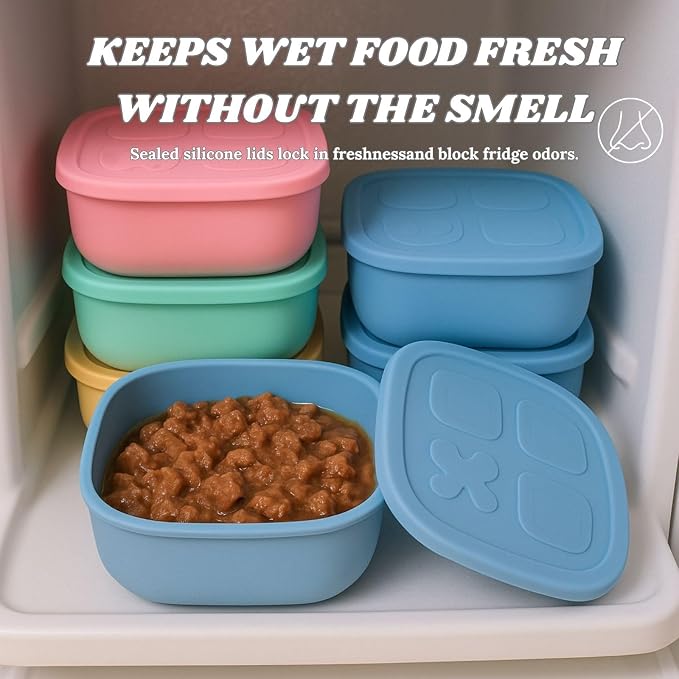 2ME Airtight Pet Wet Food Storage Containers with Lids (4-Pack, 12oz) - Silicone Meal Prep Kit for Dog & Cat Food - Freezer, Microwave & Dishwasher Safe - with Stainless Steel Scoop