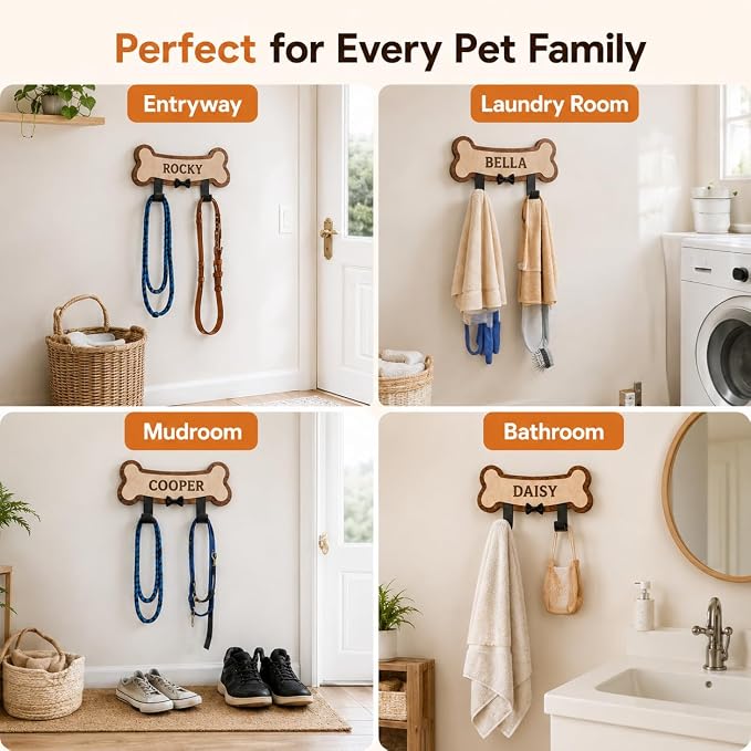 Personalized Dog Leash Holder for Wall, Custom Pet Name Bone Wall Hook with Double Metal Hooks, Wooden Dog Leash Organizer for Collar, Harness & Keys, Pet Lover Gift for Dog Owners
