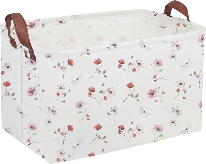 Sanjiaofeng Rectangular Kids Basket Flower Storage Bins,Girls Storage Basket with Handles.Clothers,Books,Kid's Gifts Bins. (Dried flower)