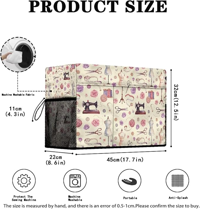 Sewing Machine Cover,Sewing Theme Design Duty Protective Dust Cover with Storage Pockets for Most Standard Singer & Brother Sewing Machines and Accessories