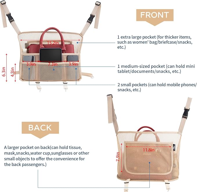 eing Car Organizers and Storage Mesh Bag, Purse Holder, Car Net Pocket Handbag, Automotive Consoles & Organizers, Back Seat Pets Kids Barrier, Car Handbag Holder for Women, Beige