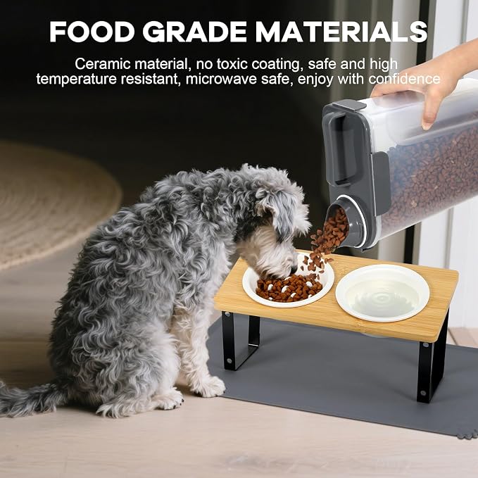LEAWALK Upgraded Adjustable Height Cat Food Bowls Stand Ceramic Dog Bowls and Slow Feeder Cat Bowl, 15°Tilted Stand Anti Vomiting Raised for Small and Medium Sized Cats Dogs (White)