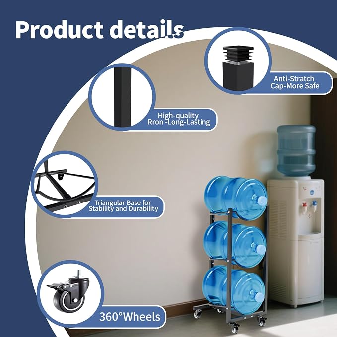 5 Gallon Water Jug Holder with Wheels: 5 Gal Water Bottle Storage Rack Stand for Home Kitchen Office Gym Garage (3 tier)