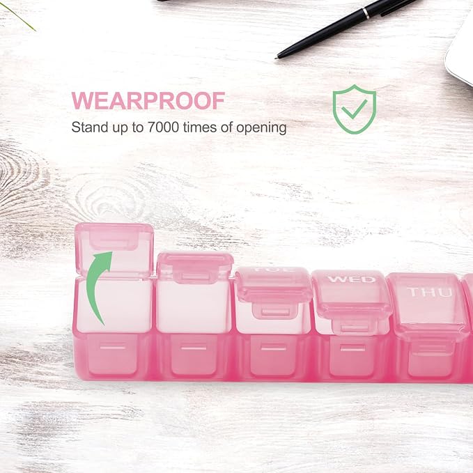 UHOUSE 2 Packs Weekly Pill Organizer 7 Day (Pink) | Pocket Daily Pill Case Pill Box for Pills/Vitamin/Fish Oil/Supplements