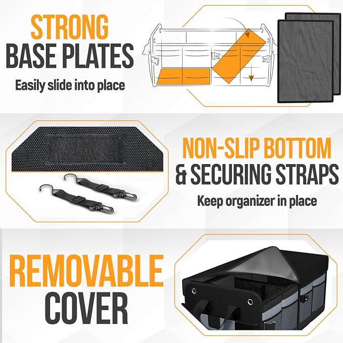 FORTEM Trunk Organizer - Collapsible Car Organizer & Storage Bag for SUVs | Car Accessories for Men & Women, Cooler Bag, Non Slip Bottom, Straps, Soft Cover, 1680D Oxford, 3 Compartments, Grey, 50L