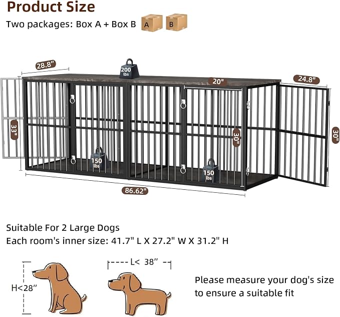 VOWNER 86.7" Double Dog Crate Furniture for 2 Large Dogs, Grey/Black | Heavy Duty Wooden Dog Kennel with Removable Divider, XXL Dog Cage TV Stand End Table with 4 Doors, Double Locks for Each Door