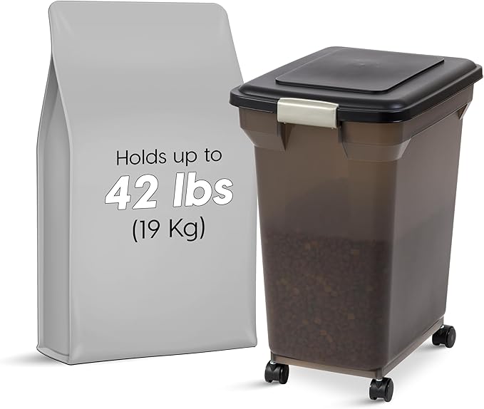 IRIS USA Dog Food Storage Container, Up to 40 lbs, Smoke, Made in USA | Wheels for Mobility, Airtight Seal, BPA-Free, Best for Bird Seed, Cat food, Cat Litter, Chicken Feed, Pellets