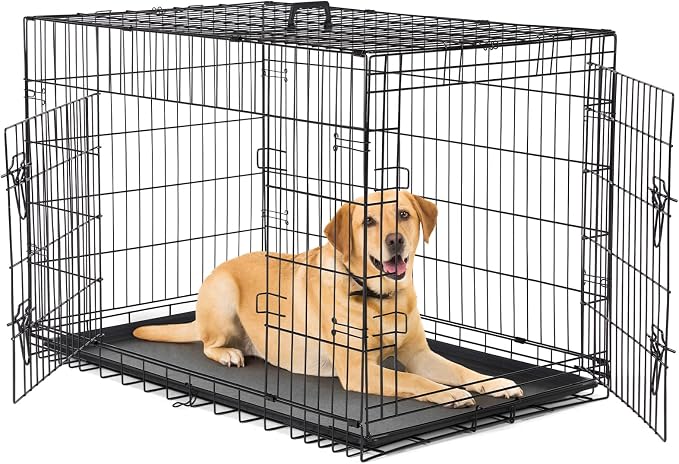 DUMOS 42 Inch Dog Crate, Foldable Medium Large Dog Cage Pet Kennel | Double Door Metal Wire, Plastic Leak-Proof Pan Tray, Portable Indoor Outdoor Training Travel