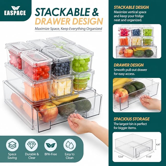 Fridge Organizer Bins with Drawer, 10-Pack Clear Stackable Container Set, BPA-Free Plastic Refrigerator Storage Containers for Food, Fruits, Vegetables, Meats, Salads (Multi-Purpose)