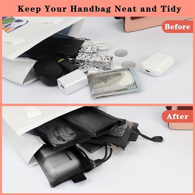 Classycoo Mini Zipper Mesh Bags 5 Pack, 3" x 4.3" Nylon Small Pouch Key Card Holder,Coin Purse, Portable Travel Makeup Cosmetic Bags for Lipstick,Earphone (Black)