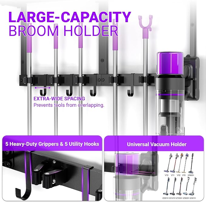 Heavy Duty Broom Holder Wall Mount, All-Metal Mop Rack with Storage Shelves | Space-Saving Cleaning Supply Organizer with Hooks Keeps Mops, Brooms and Tools Handy in Laundry Rooms, Garages and Kitchens