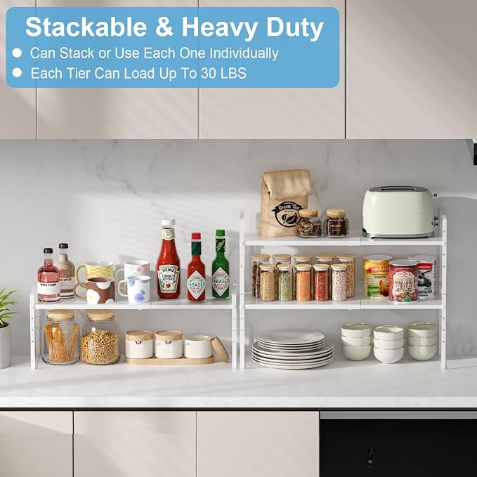 15.5 to 25.5 Inch Kitchen Cabinet Shelf Organizers，Kitchen Shelf Organizer | Adjustable Counter Organizer, Set of 4 Expandable Countertop Storage Shelves, Stackable Design, 30LBS Heavy Duty, Space Saver