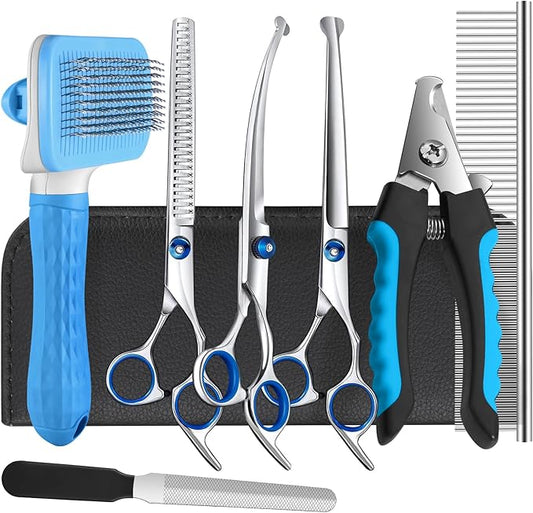 Professional Dog Grooming Scissors Set, 8-in-1 Stainless Steel Pet Grooming Kit with Hair Comb, Nail Clipper & Brush for Dogs, Cats at Home