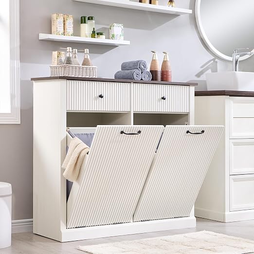 IFGET Double Tilt-Out Trash Cabinet, Laundry Hamper Cabinet, Antique White