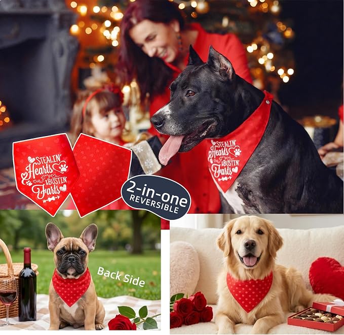 Reversible Dog Bandanas for Valentine's Day - Cute Lettering & Heart Pattern 2-in-1 Holiday Costume Pet Scarf, 1pack Snap Button Bandana for Medium & Large Breed (30-75lbs)