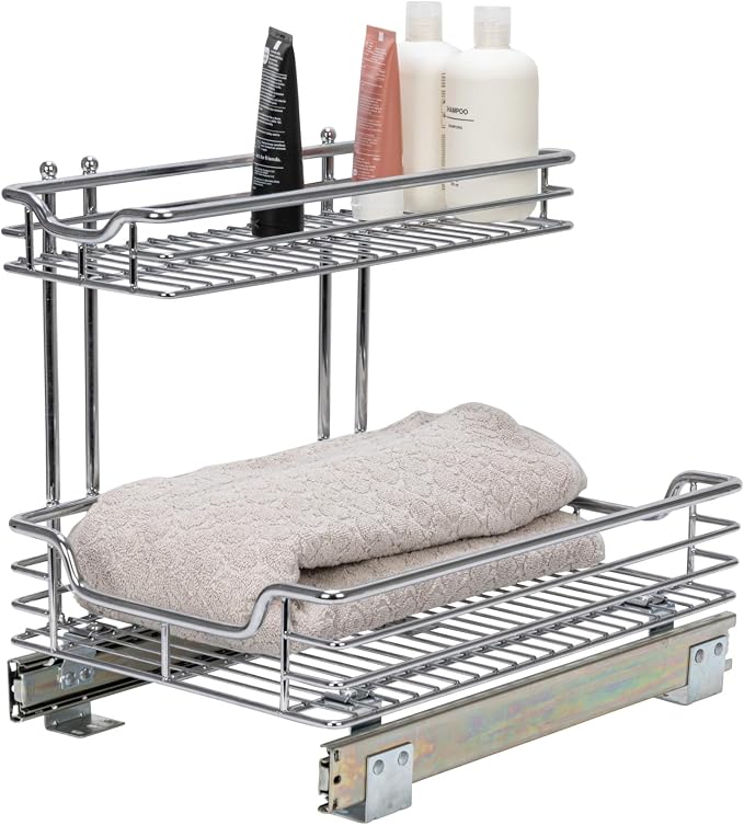 Household Essentials Glidez 2‑Tier Multipurpose Chrome‑Plated Steel Pull‑Out/Slide‑Out Under Sink Organizer, Chrome Finish
