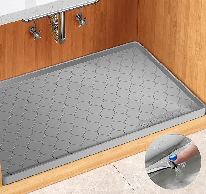 Winisok Waterproof Under Sink Mat 37" x 22", Silicone Mat, Light Gray | Raised Edge Traps Spills & Leaks, Shelf Liner, Cabinet Protector, for Kitchen, Bathroom, Boots, Pets, Home Essentials