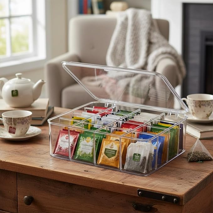 Adjustable Sock Underwear Drawer Organizer Dividers, 16 Grid Clear Tea Bag Holder with Lid, Removable Divided Tie Organizer Box, Plastic Storage Bin for Scarves Bras
