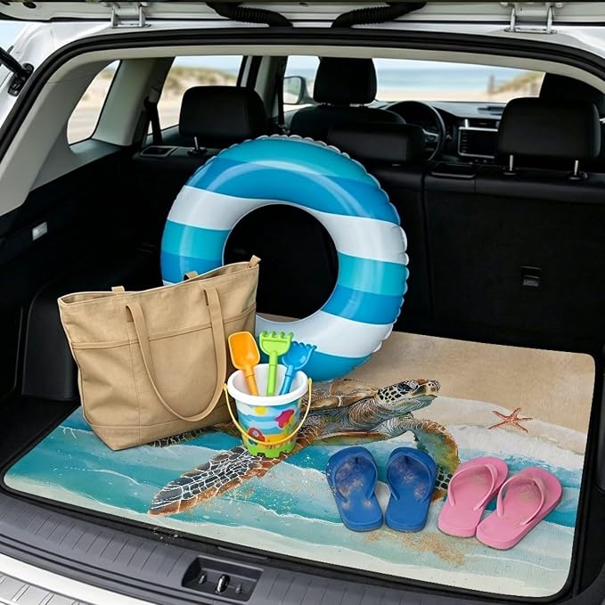 Turtle Print Beach Theme Car Trunk Mat 29" x 39", All Weather Non Slip Cargo Liner for Trucks SUV, Washable Durable Pet Friendly Rear Protection Mats