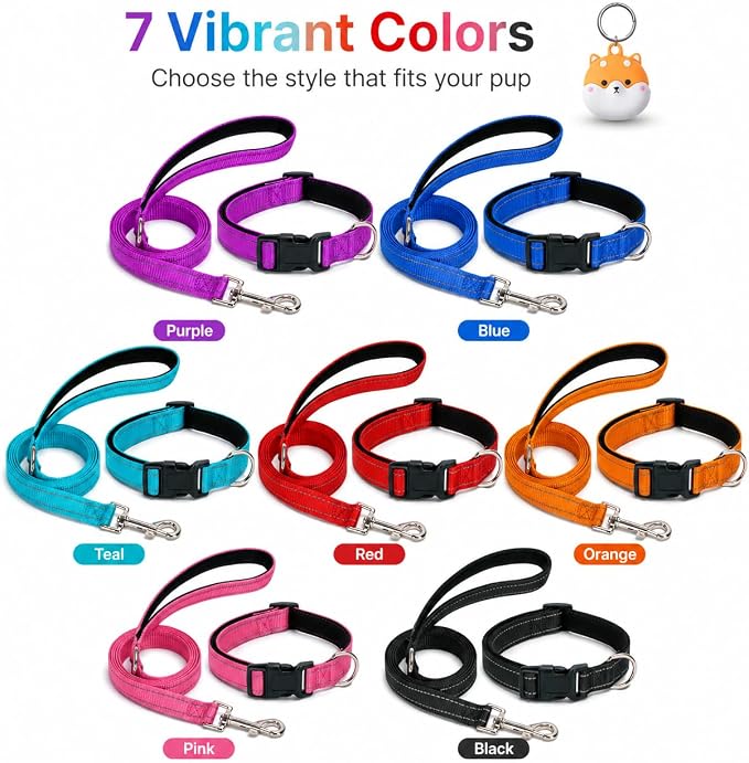 Reflective Soft Neoprene Padded Matching Dog Collar with Leash Airtag Holder Case Set Safety Breathable Adjustable Nylon Dog Collars for X-Small Small Medium Large Dogs-Purple-L