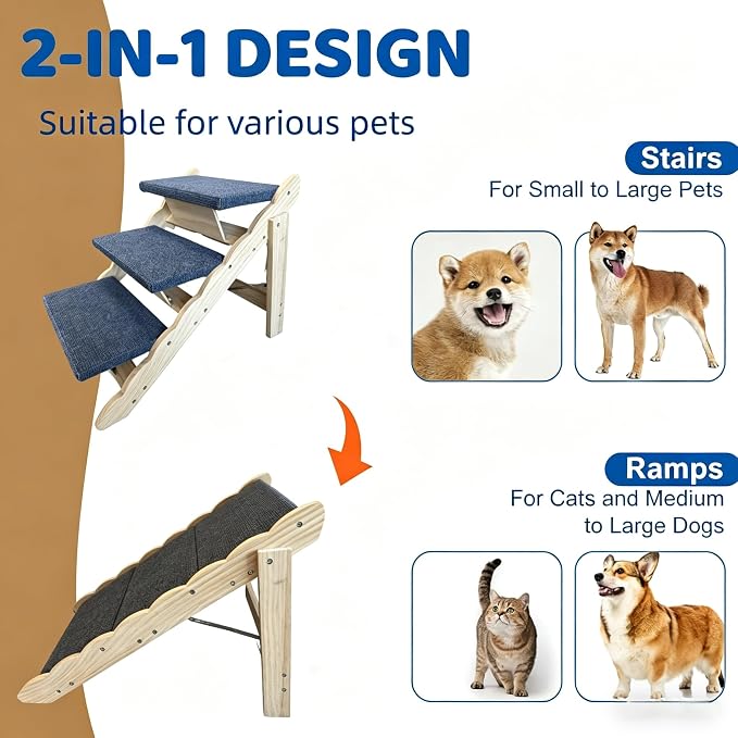 Wooden Pet Stairs, 2-in-1 Folded Pet Steps for Beds, Anti-Slip Dog Ramp with 3 Steps for Small Medium Large Pet, up to 150 lbs