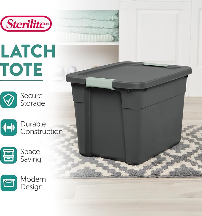 Sterilite Latch Tote Storage w/Lids for Home & Office, 12 Gallon, 12-Pack | Heavy-Duty and Stackable Plastic Containers with Latches for Closet, Cabinet, Bedroom, Bathroom and Dorm Room Organization