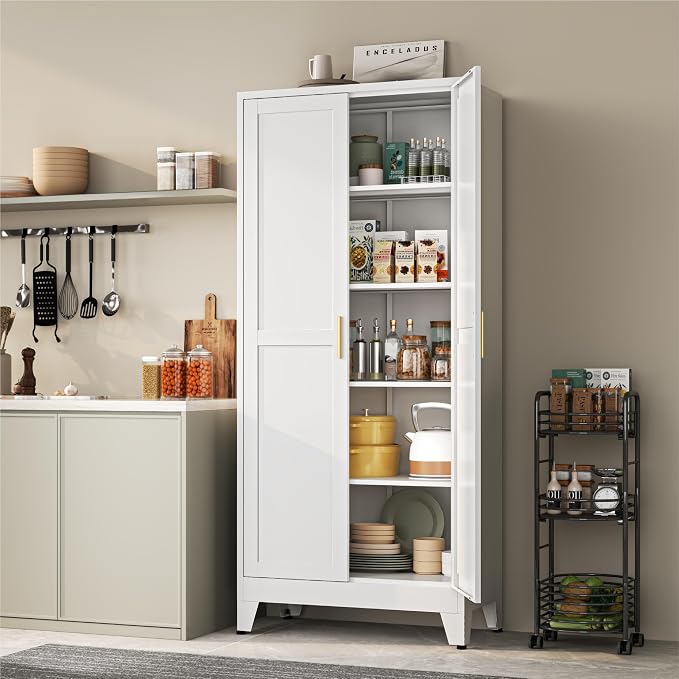 YAUWOH 71''Metal Cabinet with 4 Adjustable Shelves,5-Tier Pantry Storage Cabinet,Kitchen Pantry Cabinet for Living Room,Dining Room, (1PC,White)