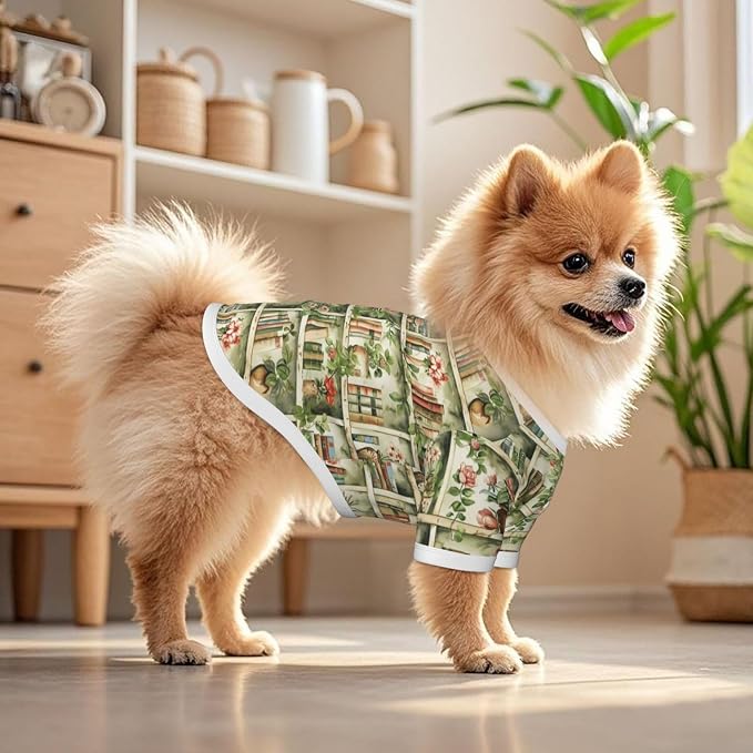 Vintage Bookshelf Dog T Shirt Dogs Cats Cotton Shirts Short Sleeve Clothes Soft Stretchy Pet Costume Doggy Outfit Pullover Jumper Puppy Sweatshirt Small