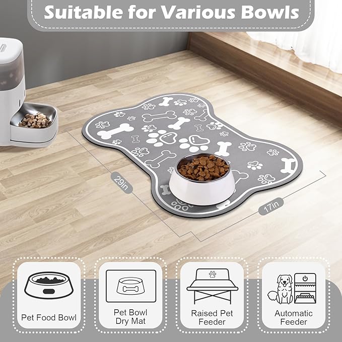 Dog Cat Food Mat,Rapid Absorbent Pet Feeding Mat, Bone Shaped Dog Placemat Water Bowl Mat with Rubber Backing,No Stains Dog Cat Food Mats Indoor, Pet Accessories Supplies 17" X 29" Grey