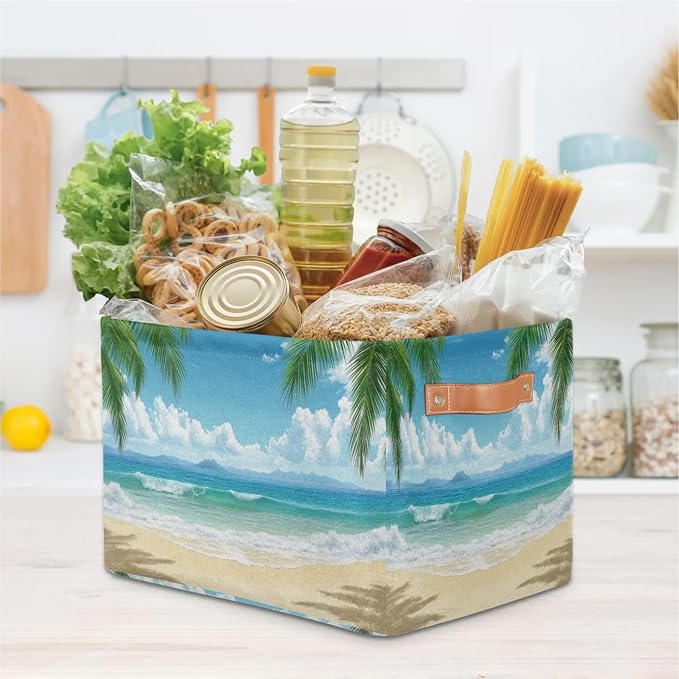 Summer Beach Palm Trees Storage Boxes Theme Storage Nursery Baskets with Handle Closet Collapsible Organizer Shelf Bins for Book Cloth 15 X 11 X 9.5 IN