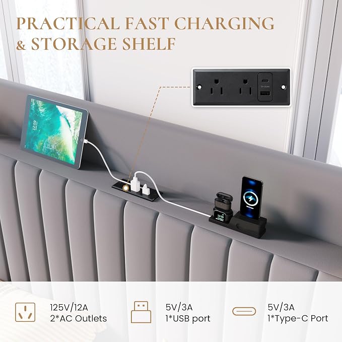 SHA CERLIN Full Size Lift Up Storage Bed Frame, Charging Station, Grey | Storage Headboard with Charging Station, USB, Type-C Port Velvet Hydraulic Storage Bed No Box Spring Needed Noise Free