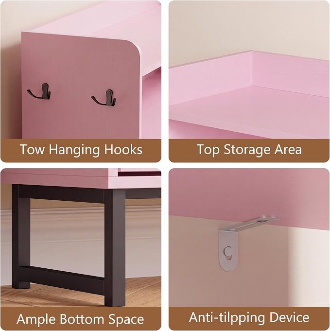 Xixini Shoe Storage Cabinet with 2 Flip Drawers, Entryway Shoe Rack, Pink | Freestanding Narrow Shoe Storage, Hidden Slim Wood Shoe Organizer, Modern Farmhouse, Open Storage & Hooks for Closet, Hallway