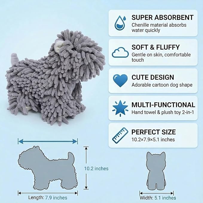 Cute Dog Chenille Hand Towel, 3D Fuzzy Puppy Hangable Ball Hand Towel Microfiber Super Soft Absorbent Bathroom & Kitchen Towels with Hanging Loop, Can Be Placed on the Sink Countertop (Gray)