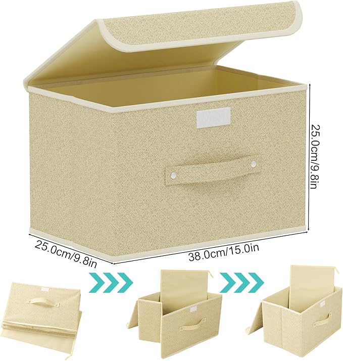Storage Bins with Handles,Grey and Beige,15x9.8x9.8in,5 Pack | Storage Baskets with PP Board Support,Washable Wardrobe Organisers with Lids,Stackable Organization Bins for Socks,Ties,Scarf