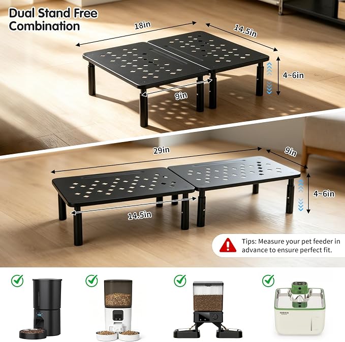 2 Pack Elevated Cat Food Stand, Cat Feeder Stand for Pets, Black | Cat Feeding Station, Pet Food Stand for 4-6L Feeders, 3 Adjustable Heights, Non-Slip Metal Base, Storage Rack