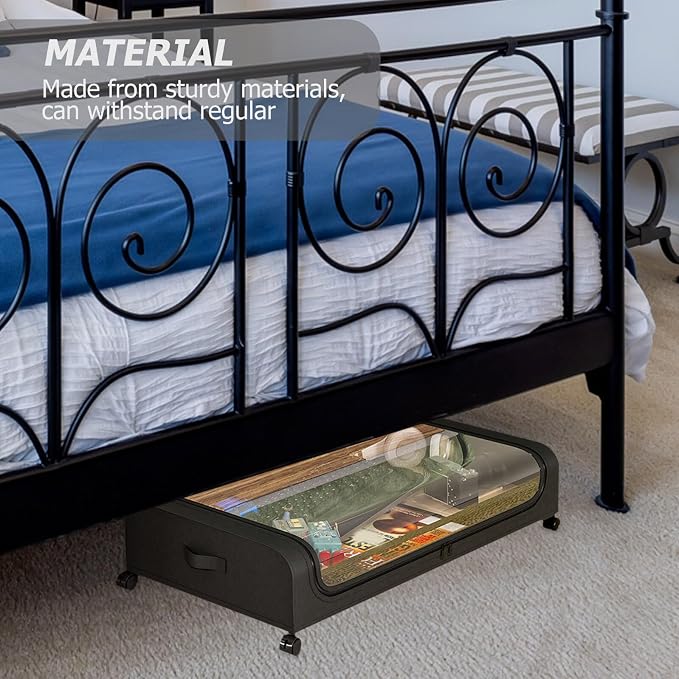 Bed Storage Cart with Wheels, Metal Clothes Organizer Drawer with Lid and Fabric Base, Rolling Storage Rack for Small Bedrooms and Pet