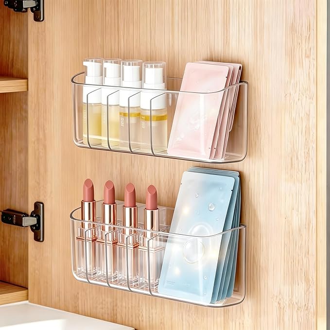 2PCS Clear Inside Medicine Cabinet Door Organiser, Small Bathroom Organizer Adhesive Wall Mounted Storage Compartment Holder for Lipstick,Small items