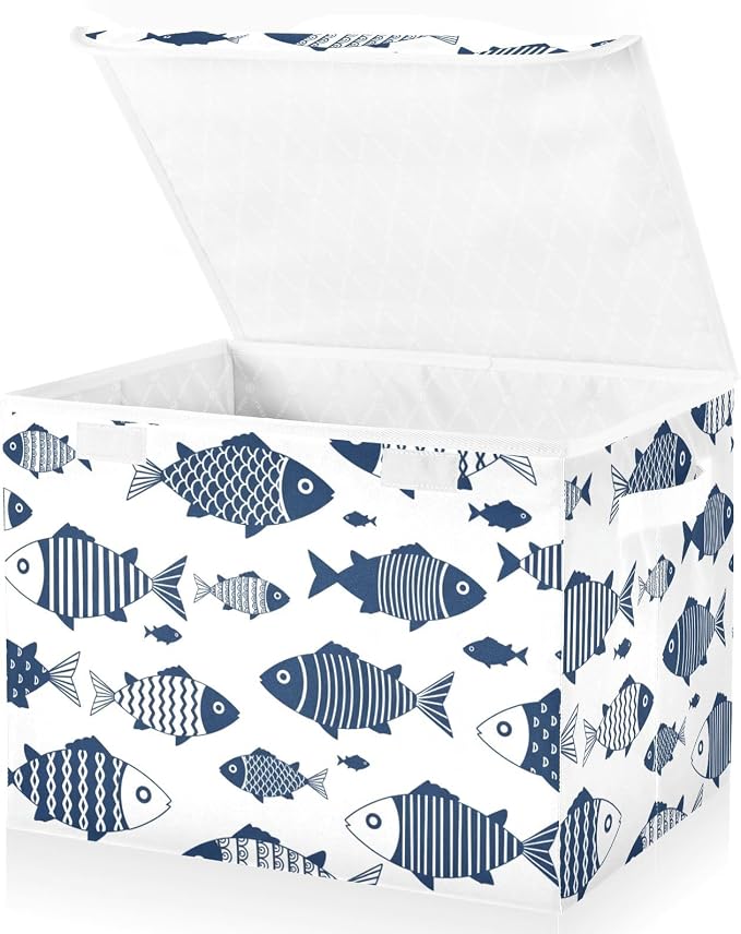 Fish Fabric Storage Bins 40L Basket Cube with Cover for Home Bedroom Closet | Decorative Storage Boxes, Dust-Proof Flip Top, Reinforced Handles, For Home & Bedroom, Clothes & Toy Box, Oxford Fabric Print