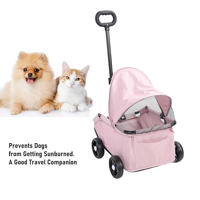 banapoy Foldable Pet Stroller with Canopy, 4 Wheels Pet Strolling Cart for Small Dogs Cats, Lightweight Easy Assembly, 1 Hand Fold, Outdoor Use (Pink)