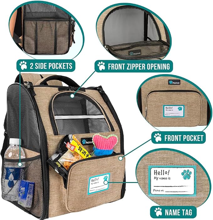 PetAmi Dog Backpack Carrier Airline Approved Cat Pet Puppy Bag, Taupe | Ideal for Small Medium Large Pet up to 18 lb, 2 Side Entry Structured No-Collapse Frame, Ventilated Bookbag for Hiking Travel