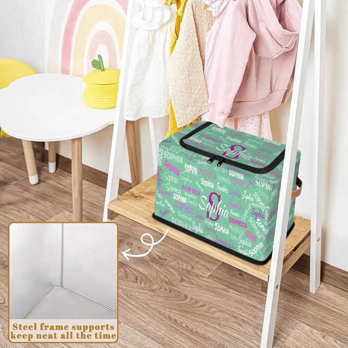 Personalized Storage Basket with Name, Mint Green Background Rectangle Toys Storage Bin with Handles Zipper Lid for Baby, Boys, Girls, Collapsible Basket for Clothes, Books
