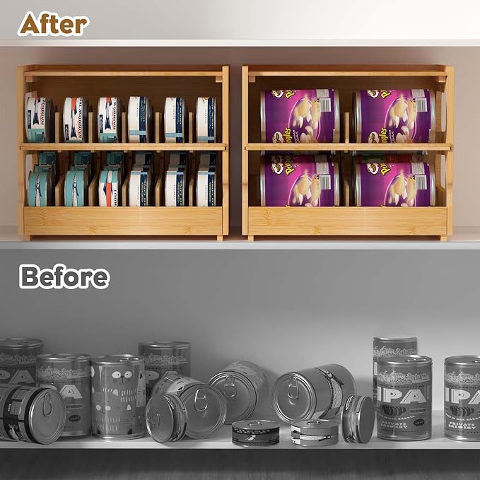 Stackable Bamboo Cat Food Can Organizer, Cat Canned Food Organizer Storage | 2-Tier Adjustable Stacking Can Dispensers, First-In & First-Out System, Holds Up to 36 Cans - for Pantry, Cabinet, Countertop
