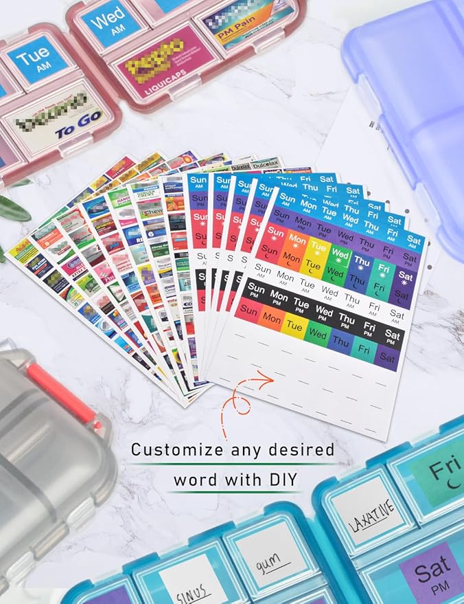 630 Pcs Medicine Labels Stickers for Pill Organizers, 350 DIY Pocket Pharmacy Labels & 280 Medicine Reminder Stickers, Travel Daily Pill Container Brand Label Pill Case Label Stickers
